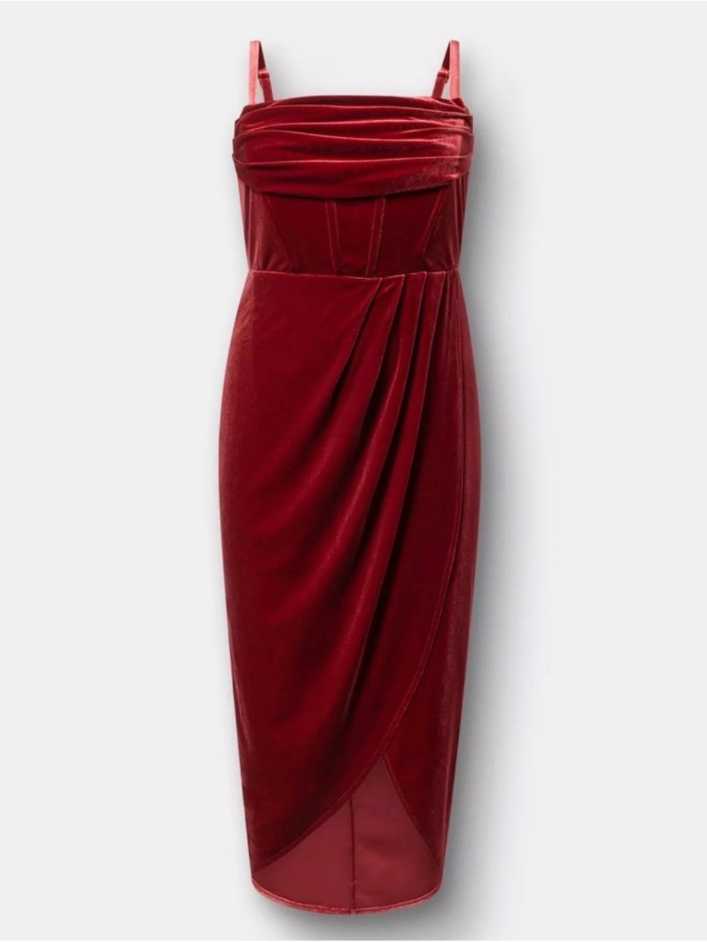 Velvet Draped Midi Dress in Deep Red